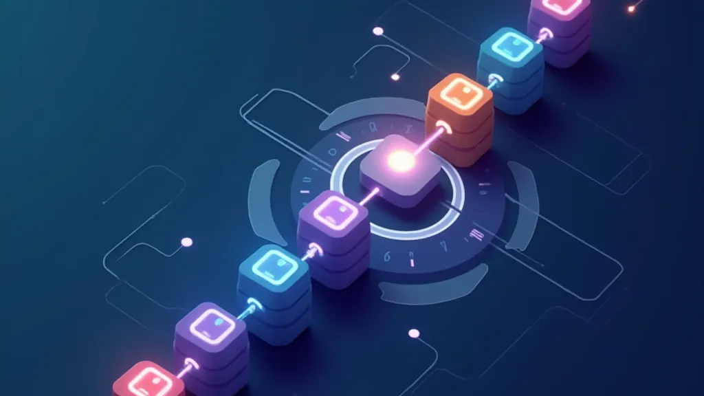 Linked blocks forming a chain feeding a central glowing hub, representing LangChain pipelines calling one API